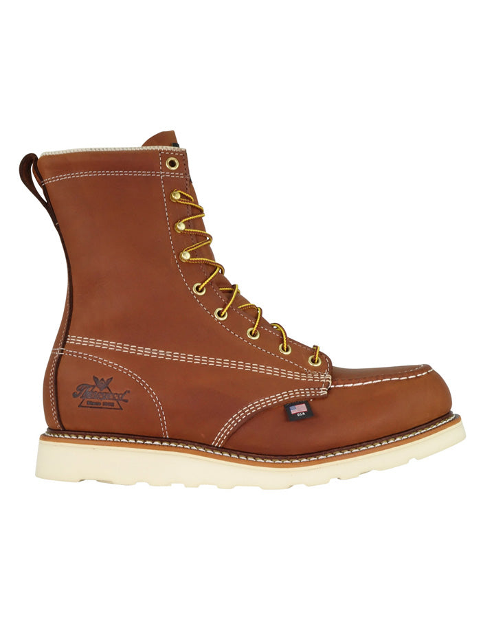 Thorogood 804-4208 Mens American Heritage 8 Inch Safety Toe Moc Tobacco FRONT SIDE ANGLE. If you need any assistance with this item or the purchase of this item please call us at five six one seven four eight eight eight zero one Monday through Saturday 10:00a.m EST to 8:00 p.m EST