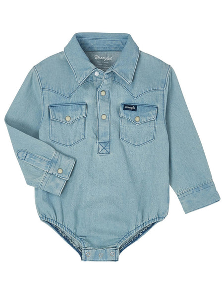 Wrangler PQ1371D Infants Western Long Sleeve Bodysuit Faded Blue front view