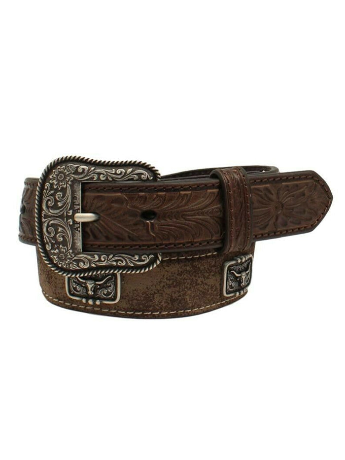 Ariat A1307202 Kids Longhorn Head Concho Floral Tooled Western Belt Brown front. If you need any assistance with this item or the purchase of this item please call us at five six one seven four eight eight eight zero one Monday through Saturday 10:00a.m EST to 8:00 p.m EST