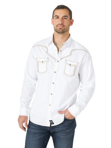 Wrangler MRC419W Mens Rock 47 Long Sleeve Western Shirt White front view. If you need any assistance with this item or the purchase of this item please call us at five six one seven four eight eight eight zero one Monday through Saturday 10:00a.m EST to 8:00 p.m EST