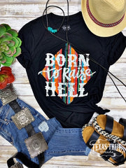 Texas True 3413 Womens Yellowstone Born to Raise Hell Tshirt Black front view. If you need any assistance with this item or the purchase of this item please call us at five six one seven four eight eight eight zero one Monday through Saturday 10:00a.m EST to 8:00 p.m EST