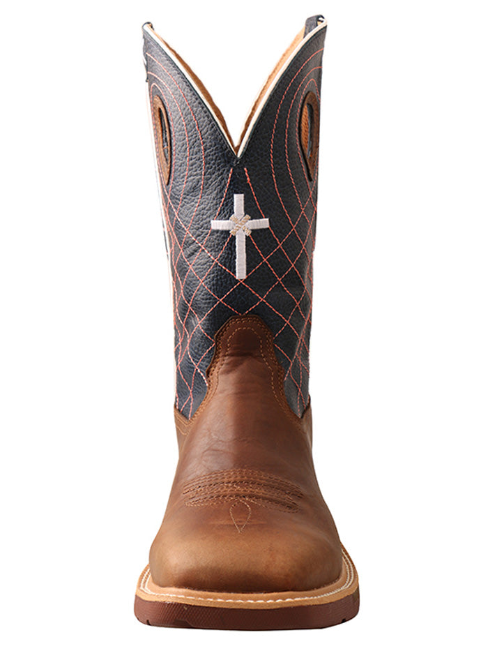 Twisted X MXBW001 Mens Waterproof Western Work Boot Mocha Navy  front and side view. If you need any assistance with this item or the purchase of this item please call us at five six one seven four eight eight eight zero one Monday through Saturday 10:00a.m EST to 8:00 p.m EST