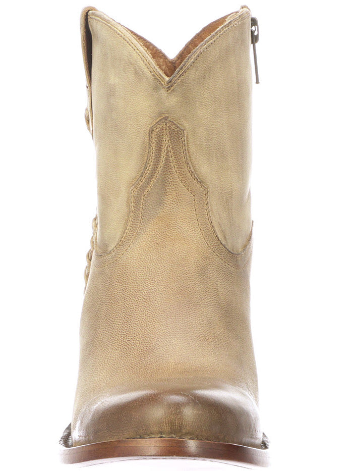 Lucchese M6006 Womens Avery Cross Stitch Bootie Pearl Bone fron and side view. If you need any assistance with this item or the purchase of this item please call us at five six one seven four eight eight eight zero one Monday through Saturday 10:00a.m EST to 8:00 p.m EST