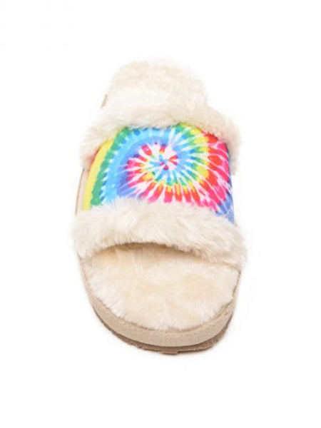 Minnetonka 44728 Womens Plush Leena Slippers Bright Tie Dye front view. If you need any assistance with this item or the purchase of this item please call us at five six one seven four eight eight eight zero one Monday through Saturday 10:00a.m EST to 8:00 p.m EST