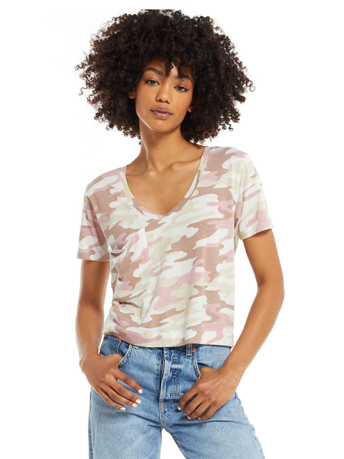 Z Supply ZT201408 Womens Camo Classic Skimmer Short Sleeve Tee Camo Mauve front view. If you need any assistance with this item or the purchase of this item please call us at five six one seven four eight eight eight zero one Monday through Saturday 10:00a.m EST to 8:00 p.m EST