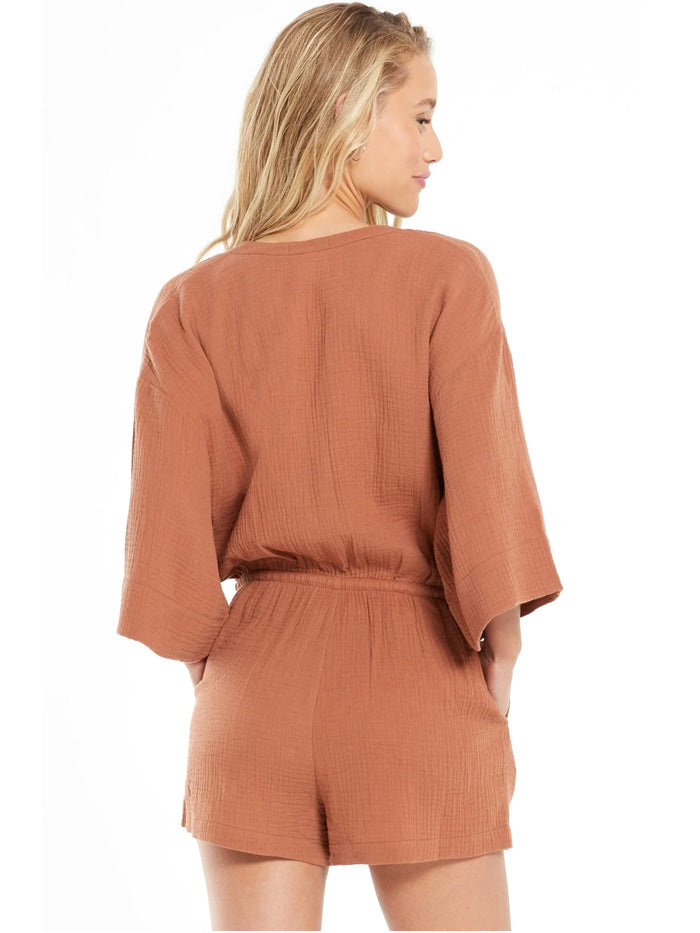Z Supply ZS212744 Womens Lightweight Zephyr Gauze Romper Vintage Brown front view. If you need any assistance with this item or the purchase of this item please call us at five six one seven four eight eight eight zero one Monday through Saturday 10:00a.m EST to 8:00 p.m EST