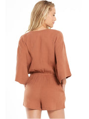 Z Supply ZS212744 Womens Lightweight Zephyr Gauze Romper Vintage Brown back view. If you need any assistance with this item or the purchase of this item please call us at five six one seven four eight eight eight zero one Monday through Saturday 10:00a.m EST to 8:00 p.m EST