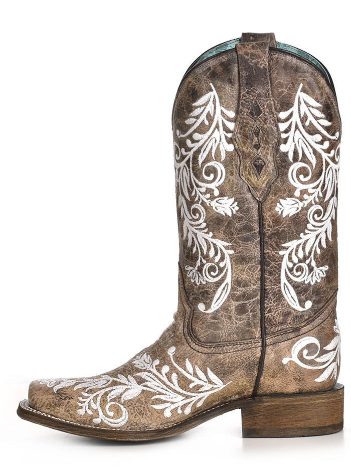 Corral A4063 Womens Embroidery Glow Collection Western Boot Square Toe Brown White front and side view. If you need any assistance with this item or the purchase of this item please call us at five six one seven four eight eight eight zero one Monday through Saturday 10:00a.m EST to 8:00 p.m EST