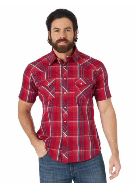 Wrangler MVG318R George Strait Plaid Short Sleeve Western Snap Shirt Red front view. If you need any assistance with this item or the purchase of this item please call us at five six one seven four eight eight eight zero one Monday through Saturday 10:00a.m EST to 8:00 p.m EST