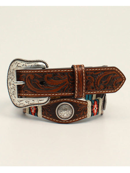 Nocona N4441008 Kids Flower Embossed Round Concho Belts Tan front view. If you need any assistance with this item or the purchase of this item please call us at five six one seven four eight eight eight zero one Monday through Saturday 10:00a.m EST to 8:00 p.m EST