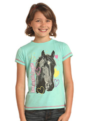 Rock & Roll Cowgirl G3T4645 Girls Crew Neck and Horse Graphic Tee front view. If you need any assistance with this item or the purchase of this item please call us at five six one seven four eight eight eight zero one Monday through Saturday 10:00a.m EST to 8:00 p.m EST
