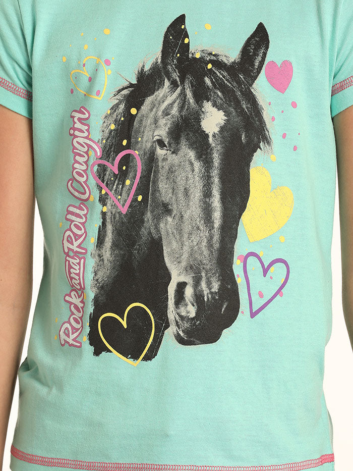 Rock & Roll Cowgirl G3T4645 Girls Crew Neck and Horse Graphic Tee front view. If you need any assistance with this item or the purchase of this item please call us at five six one seven four eight eight eight zero one Monday through Saturday 10:00a.m EST to 8:00 p.m EST