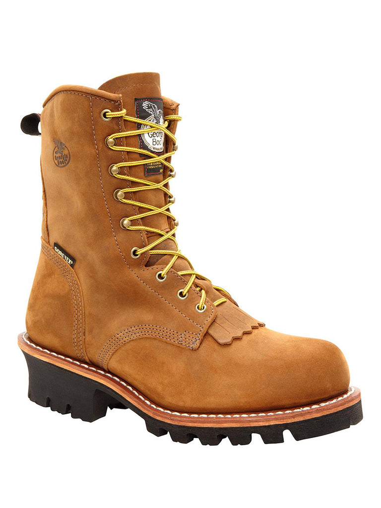 Georgia G9382 Mens Steel Toe Insulated Logger Boot Worn Saddle front and side view. If you need any assistance with this item or the purchase of this item please call us at five six one seven four eight eight eight zero one Monday through Saturday 10:00a.m EST to 8:00 p.m EST