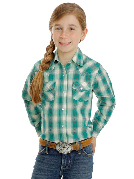 Wrangler GW8040M Kids LS Plaid Snap Shirt Turquoise front view. If you need any assistance with this item or the purchase of this item please call us at five six one seven four eight eight eight zero one Monday through Saturday 10:00a.m EST to 8:00 p.m EST
