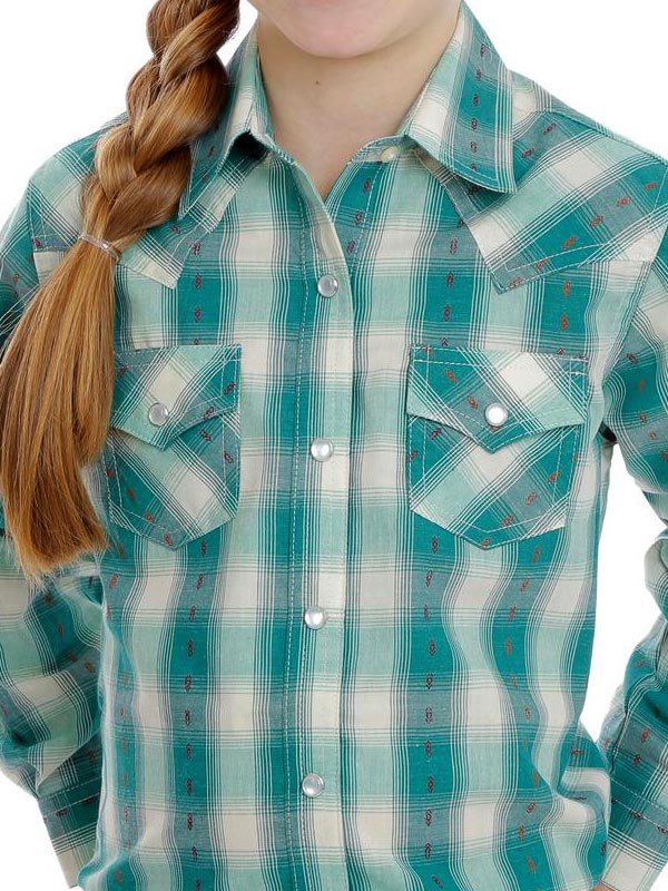Wrangler GW8040M Kids LS Plaid Snap Shirt Turquoise front view. If you need any assistance with this item or the purchase of this item please call us at five six one seven four eight eight eight zero one Monday through Saturday 10:00a.m EST to 8:00 p.m EST