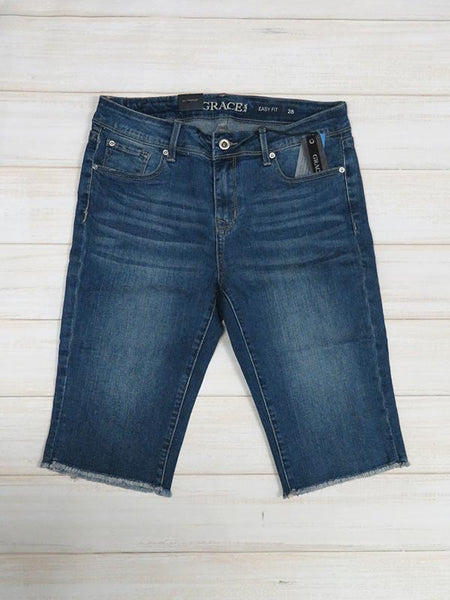 Grace In LA EM9328 Womens Easy Fit Cut-Off Bermuda Denim Short front view. If you need any assistance with this item or the purchase of this item please call us at five six one seven four eight eight eight zero one Monday through Saturday 10:00a.m EST to 8:00 p.m EST