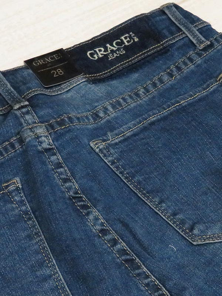 Grace In LA EM9328 Womens Easy Fit Cut-Off Bermuda Denim Short back close up. If you need any assistance with this item or the purchase of this item please call us at five six one seven four eight eight eight zero one Monday through Saturday 10:00a.m EST to 8:00 p.m EST