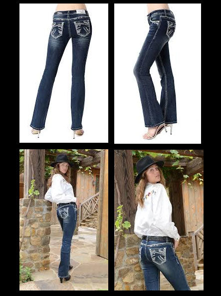 Grace In LA JB-51372 Womens Stitched Embellished Bootcut Jeans Dark Wash back view. If you need any assistance with this item or the purchase of this item please call us at five six one seven four eight eight eight zero one Monday through Saturday 10:00a.m EST to 8:00 p.m EST