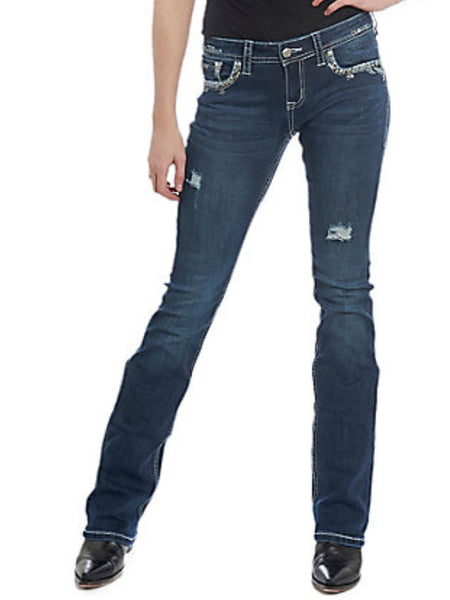 Grace In LA JB-51372 Womens Stitched Embellished Bootcut Jeans Dark Wash front view. If you need any assistance with this item or the purchase of this item please call us at five six one seven four eight eight eight zero one Monday through Saturday 10:00a.m EST to 8:00 p.m EST