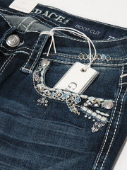 Grace in LA JB-51372 Womens Stitched Embellished Bootcut Jeans Dark Wash front pocket close up. If you need any assistance with this item or the purchase of this item please call us at five six one seven four eight eight eight zero one Monday through Saturday 10:00a.m EST to 8:00 p.m EST