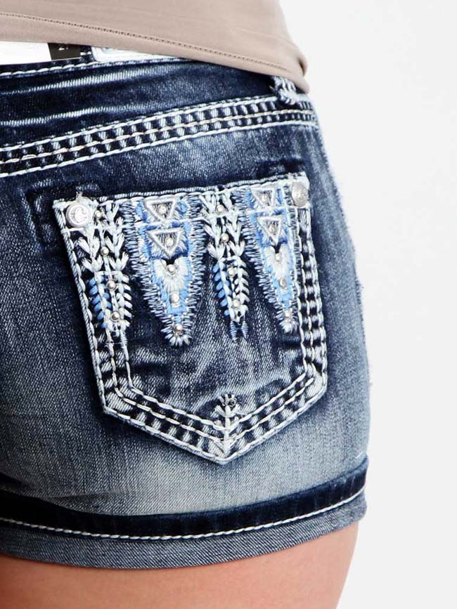 Grace in LA JHW51086 Womens Embellished Pocket Denim Shorts back view. If you need any assistance with this item or the purchase of this item please call us at five six one seven four eight eight eight zero one Monday through Saturday 10:00a.m EST to 8:00 p.m EST