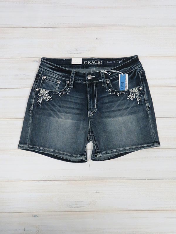 Grace in LA Aztec Motif Embroidery Crystals Denim Short EH71101 back