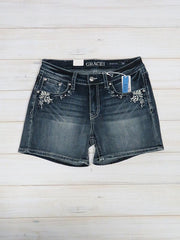 Grace in LA Aztec Motif Embroidery Crystals Denim Short EH71101 front