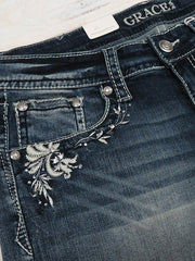 Grace in LA Aztec Motif Embroidery Crystals Denim Short EH71101 front pocket