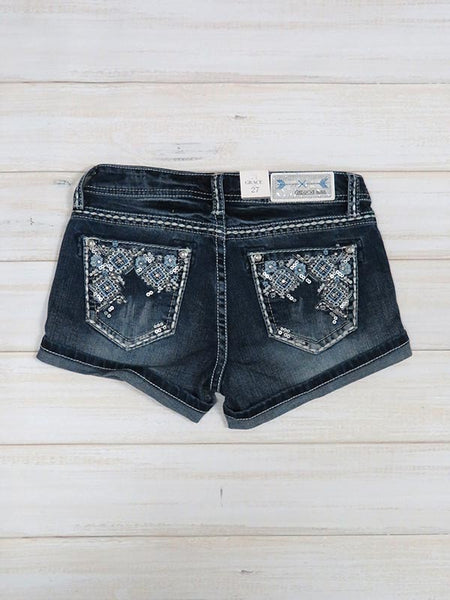 Grace In LA JHW51376 Womens Crystals Aztec Embroidery Denim Short Dark Wash back view. If you need any assistance with this item or the purchase of this item please call us at five six one seven four eight eight eight zero one Monday through Saturday 10:00a.m EST to 8:00 p.m EST