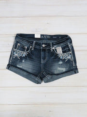 Grace In LA JHW51376 Womens Crystals Aztec Embroidery Denim Short Dark Wash front view. If you need any assistance with this item or the purchase of this item please call us at five six one seven four eight eight eight zero one Monday through Saturday 10:00a.m EST to 8:00 p.m EST