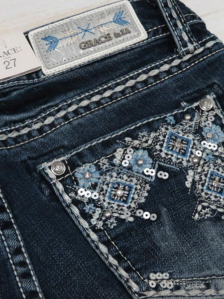 Grace In LA JHW51376 Womens Crystals Aztec Embroidery Denim Short Dark Wash back pocket close up, If you need any assistance with this item or the purchase of this item please call us at five six one seven four eight eight eight zero one Monday through Saturday 10:00a.m EST to 8:00 p.m EST
