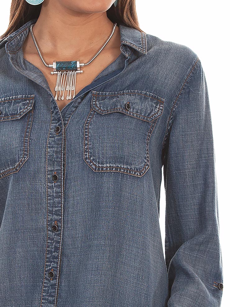 Scully HC473 Womens Button-Up Long Sleeve Blouse Denim front view. If you need any assistance with this item or the purchase of this item please call us at five six one seven four eight eight eight zero one Monday through Saturday 10:00a.m EST to 8:00 p.m EST