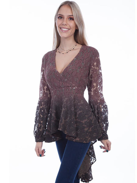 Scully HC613-COC Womens  Floral Lace Hi-Lo Surplice Top Cocoa front view. If you need any assistance with this item or the purchase of this item please call us at five six one seven four eight eight eight zero one Monday through Saturday 10:00a.m EST to 8:00 p.m EST