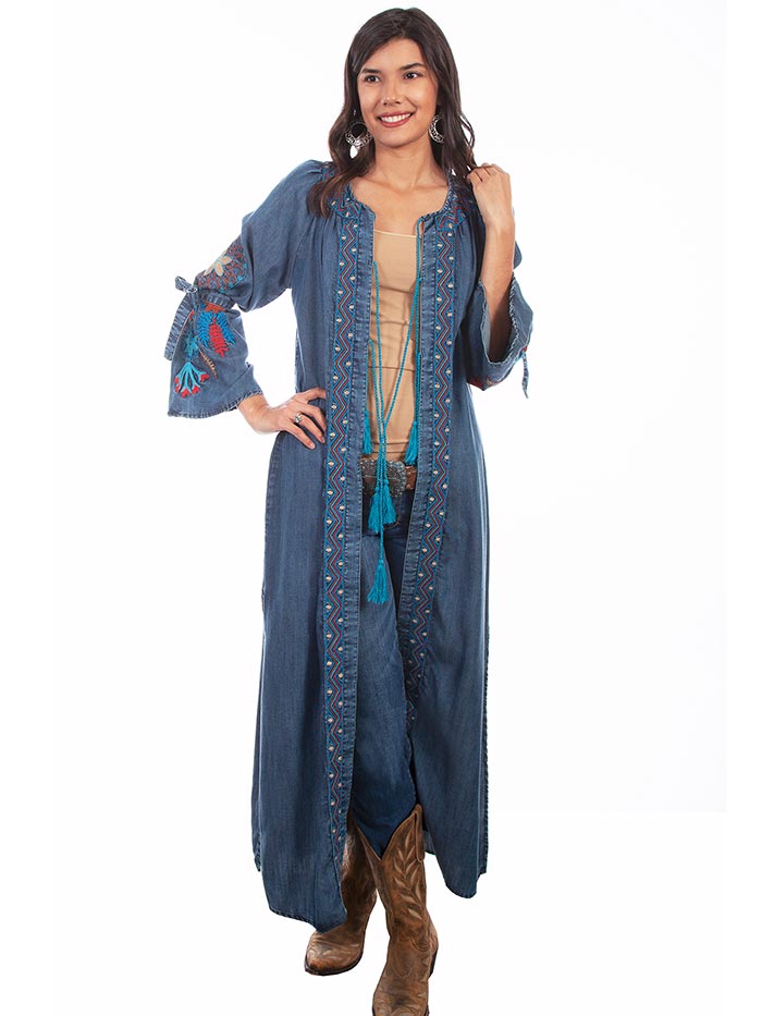 Scully HC633-DEN Womens Dream Catcher Embroidery Bold Maxi Duster Denim front view. If you need any assistance with this item or the purchase of this item please call us at five six one seven four eight eight eight zero one Monday through Saturday 10:00a.m EST to 8:00 p.m EST