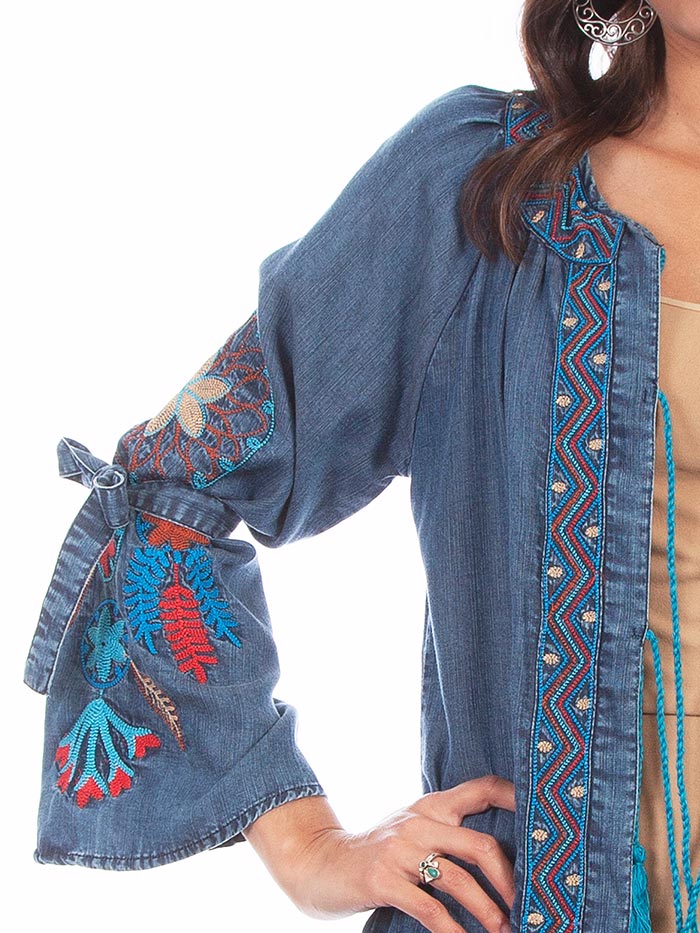 Scully HC633-DEN Womens Dream Catcher Embroidery Bold Maxi Duster Denim front view. If you need any assistance with this item or the purchase of this item please call us at five six one seven four eight eight eight zero one Monday through Saturday 10:00a.m EST to 8:00 p.m EST