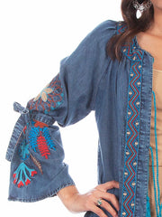 Scully HC633-DEN Womens Dream Catcher Embroidery Bold Maxi Duster Denim cuff close up. If you need any assistance with this item or the purchase of this item please call us at five six one seven four eight eight eight zero one Monday through Saturday 10:00a.m EST to 8:00 p.m EST