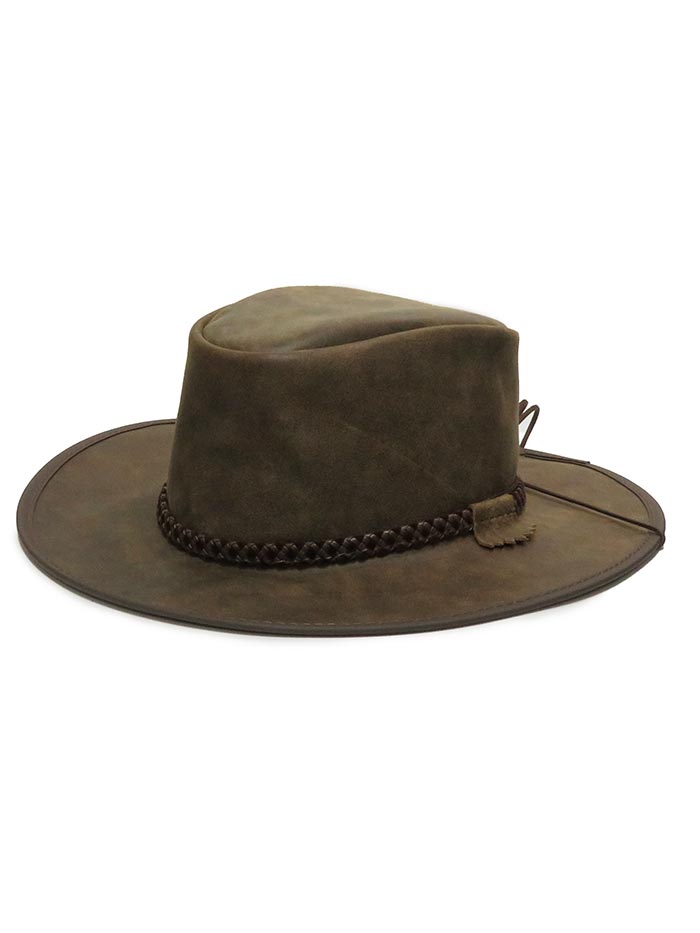 American Hat Makers CRUSHER-BRN Leather Outback Hat Bomber Brown front and side view. If you need any assistance with this item or the purchase of this item please call us at five six one seven four eight eight eight zero one Monday through Saturday 10:00a.m EST to 8:00 p.m EST