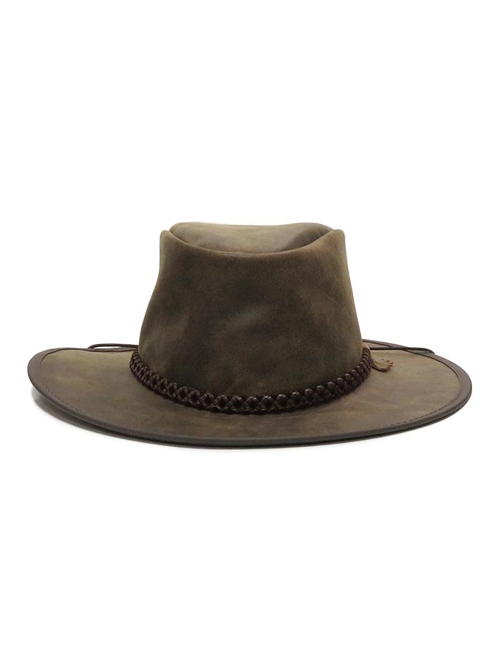 American Hat Makers CRUSHER-BRN Leather Outback Hat Bomber Brown front and side view. If you need any assistance with this item or the purchase of this item please call us at five six one seven four eight eight eight zero one Monday through Saturday 10:00a.m EST to 8:00 p.m EST