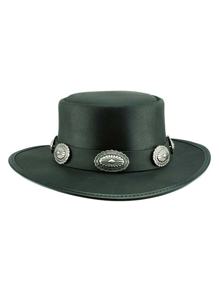 American Hat Makers SILVERADO-L-CONCHO Flat Brim Pork Pie Hat Black front view. If you need any assistance with this item or the purchase of this item please call us at five six one seven four eight eight eight zero one Monday through Saturday 10:00a.m EST to 8:00 p.m EST
