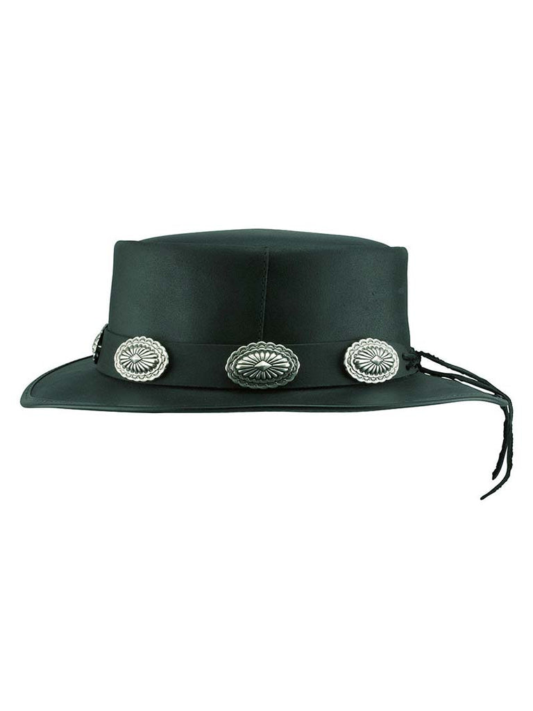 American Hat Makers SILVERADO-L-CONCHO Flat Brim Pork Pie Hat Black front view. If you need any assistance with this item or the purchase of this item please call us at five six one seven four eight eight eight zero one Monday through Saturday 10:00a.m EST to 8:00 p.m EST