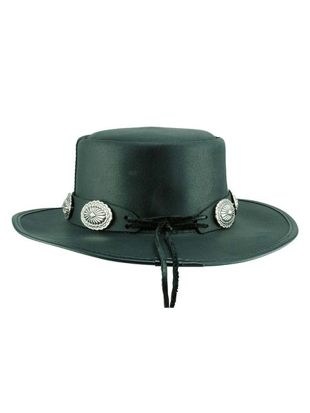 American Hat Makers SILVERADO-L-CONCHO Flat Brim Pork Pie Hat Black back view. If you need any assistance with this item or the purchase of this item please call us at five six one seven four eight eight eight zero one Monday through Saturday 10:00a.m EST to 8:00 p.m EST