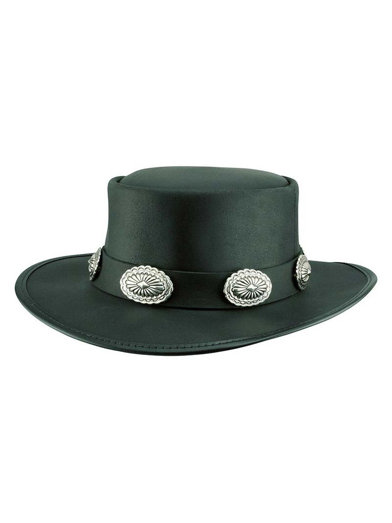 American Hat Makers SILVERADO-L-CONCHO Flat Brim Pork Pie Hat Black front view. If you need any assistance with this item or the purchase of this item please call us at five six one seven four eight eight eight zero one Monday through Saturday 10:00a.m EST to 8:00 p.m EST