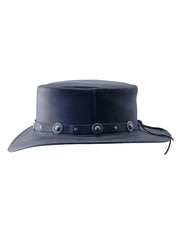American Hat Makers SILVERADO-S-CONCHO Flat Brim Pork Pie Hat Black side view. If you need any assistance with this item or the purchase of this item please call us at five six one seven four eight eight eight zero one Monday through Saturday 10:00a.m EST to 8:00 p.m EST