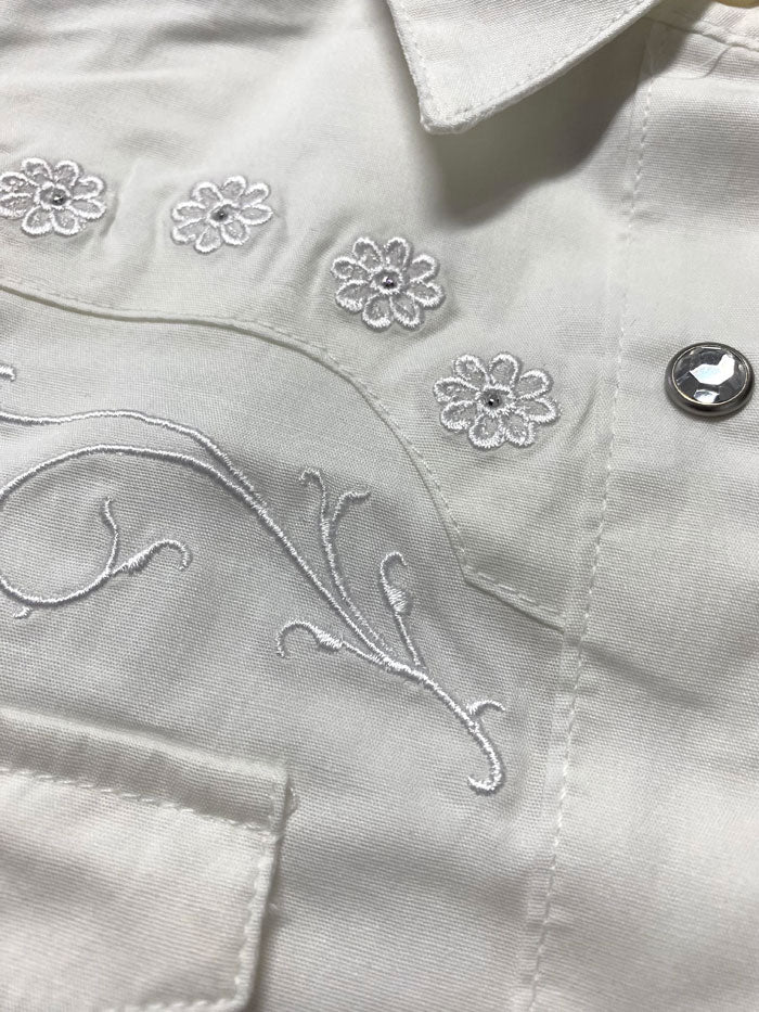 Wrangler 10GW7001W Girls Rhinestones Embroidery Western Shirt White front view. If you need any assistance with this item or the purchase of this item please call us at five six one seven four eight eight eight zero one Monday through Saturday 10:00a.m EST to 8:00 p.m EST