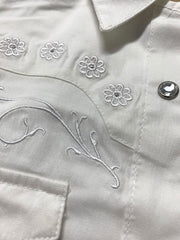 Wrangler 10GW7001W Girls Rhinestones Embroidery Western Shirt White close up. If you need any assistance with this item or the purchase of this item please call us at five six one seven four eight eight eight zero one Monday through Saturday 10:00a.m EST to 8:00 p.m EST