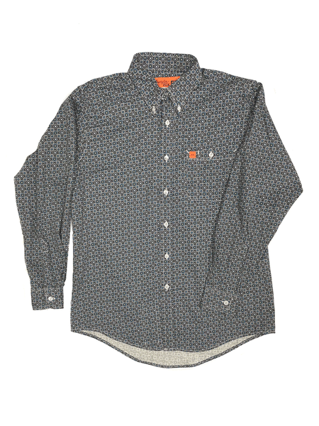 Wrangler FR164GR Mens Flame Resistant 20X Work Medallion Print Shirt Grey front view. If you need any assistance with this item or the purchase of this item please call us at five six one seven four eight eight eight zero one Monday through Saturday 10:00a.m EST to 8:00 p.m EST