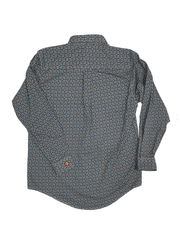 Wrangler FR164GR Mens Flame Resistant 20X Work Medallion Print Shirt Grey back view. If you need any assistance with this item or the purchase of this item please call us at five six one seven four eight eight eight zero one Monday through Saturday 10:00a.m EST to 8:00 p.m EST