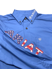 Ariat 10036179 Mens Team Logo Twill Classic Fit Shirt Sea Scape front and sleeve close up. If you need any assistance with this item or the purchase of this item please call us at five six one seven four eight eight eight zero one Monday through Saturday 10:00a.m EST to 8:00 p.m EST