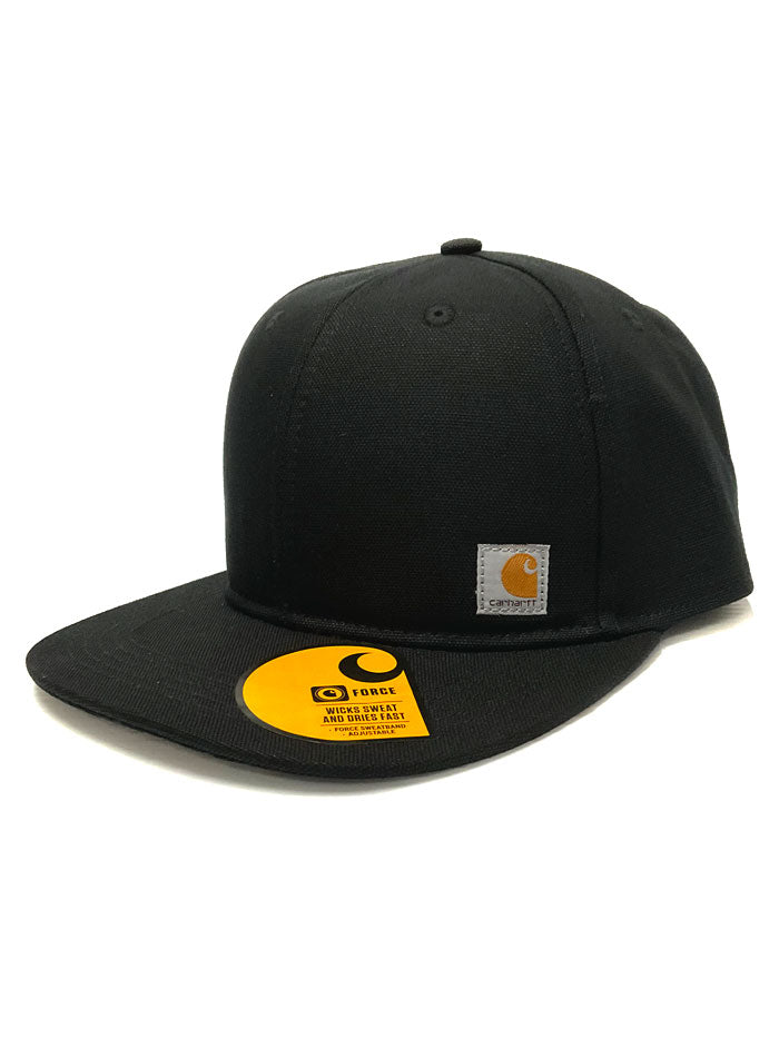 Carhartt 101604-001 Firm Duck Flat Brim Cap Black side / front view. If you need any assistance with this item or the purchase of this item please call us at five six one seven four eight eight eight zero one Monday through Saturday 10:00a.m EST to 8:00 p.m EST