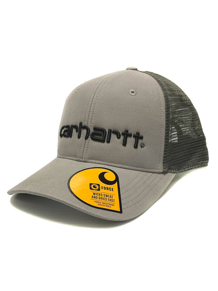 Carhartt 101195-E58 Canvas Mesh Back Logo Graphic Cap Grey side / front view. If you need any assistance with this item or the purchase of this item please call us at five six one seven four eight eight eight zero one Monday through Saturday 10:00a.m EST to 8:00 p.m EST